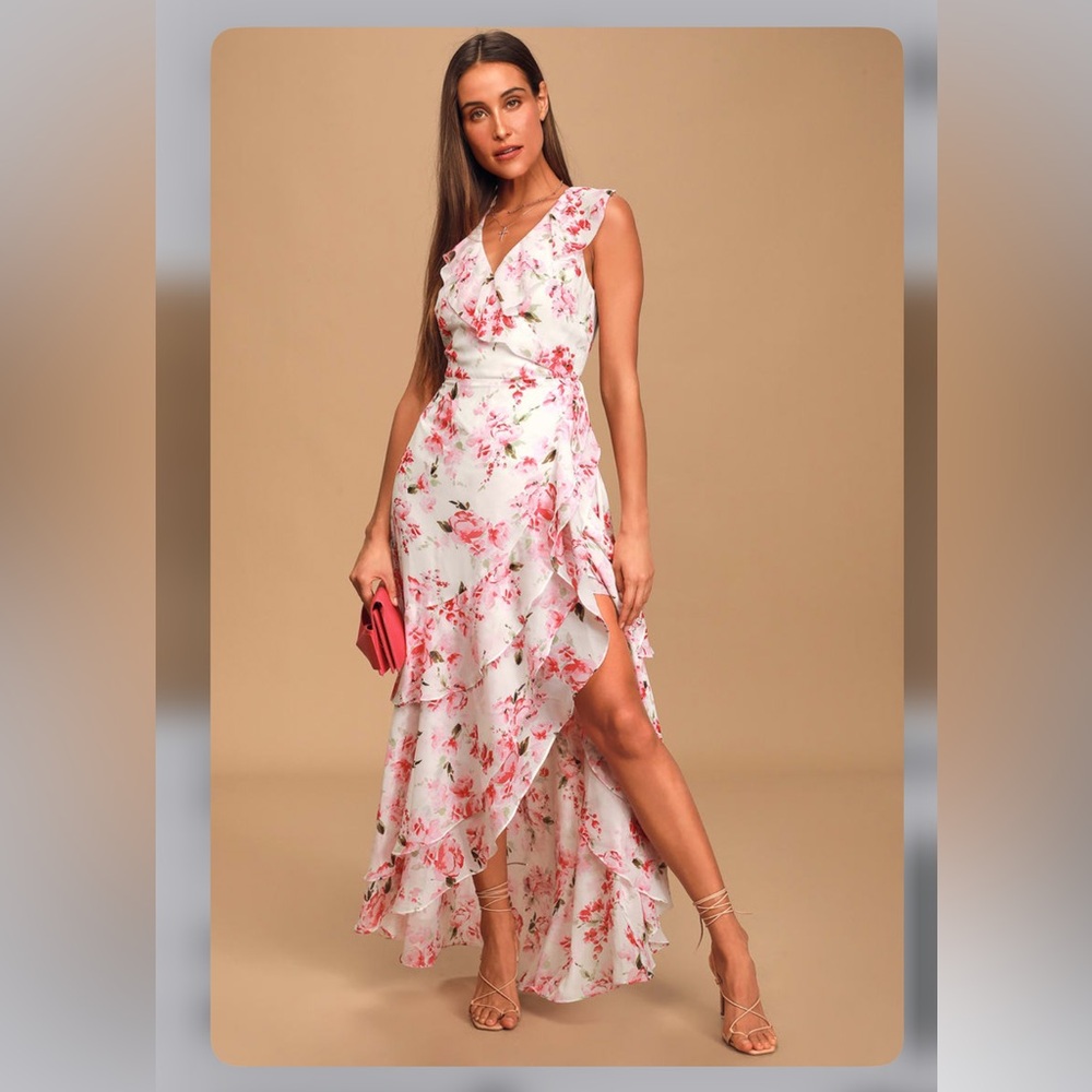 LULUS Treasure the Moment White Floral Print Ruffled Wrap Maxi Dress Small